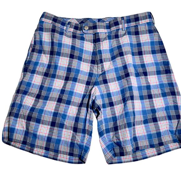 Peter Millar Plaid Shorts Men's 34W Reg 100% Cotton Blue Light Weight Pockets - Picture 1 of 9